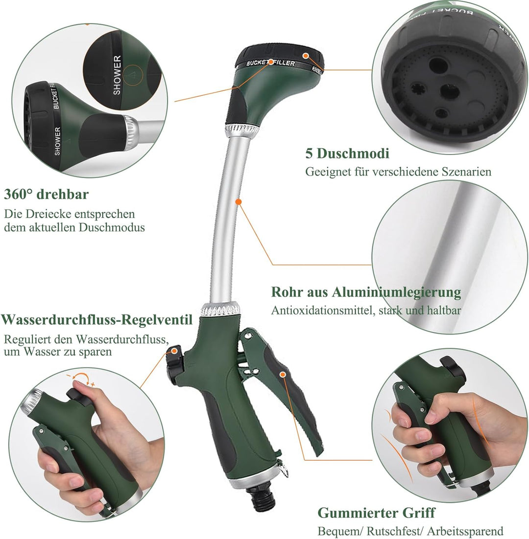 Gartenbrause, Lang Garten Giessstab mit Stiel, 5 Strahlarten Giesstab Kopf Stabbrause mit Durchfluss