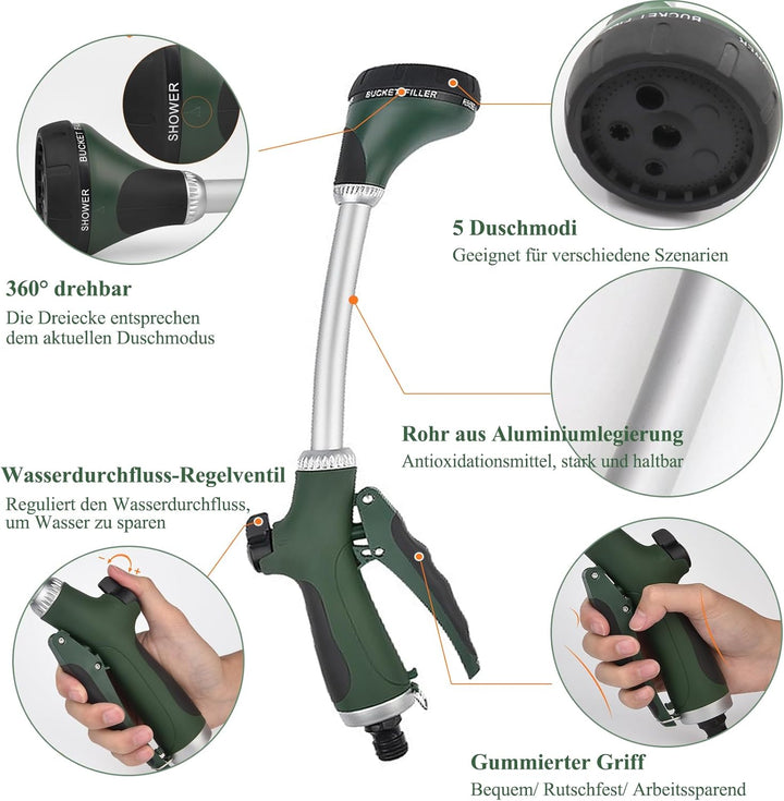 Gartenbrause, Lang Garten Giessstab mit Stiel, 5 Strahlarten Giesstab Kopf Stabbrause mit Durchfluss