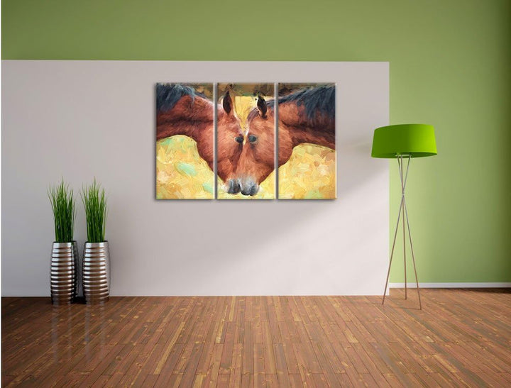 Pixxprint Zwei schmusende Pferde Kunst als Leinwandbild/Grösse: 3 Teilig (120x80 cm) cm/Wandbild/Kun