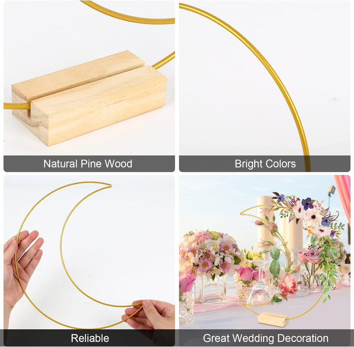 IGTOPS 10 Stück 30cm Mond Metall-Blumenreifen mit 10 Hexagon Holzständer, Metall Kranzring Gold Meta