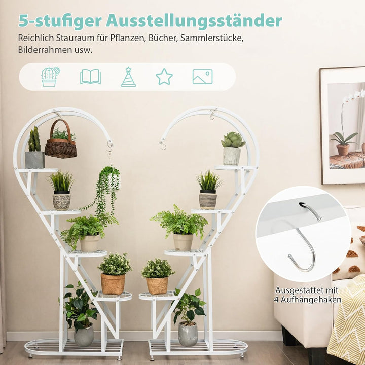 COSTWAY 5-stufiger Metall Pflanzenständer Herzförmig, Blumenregal mit Haken, Leiter Pflanzenregal Ki