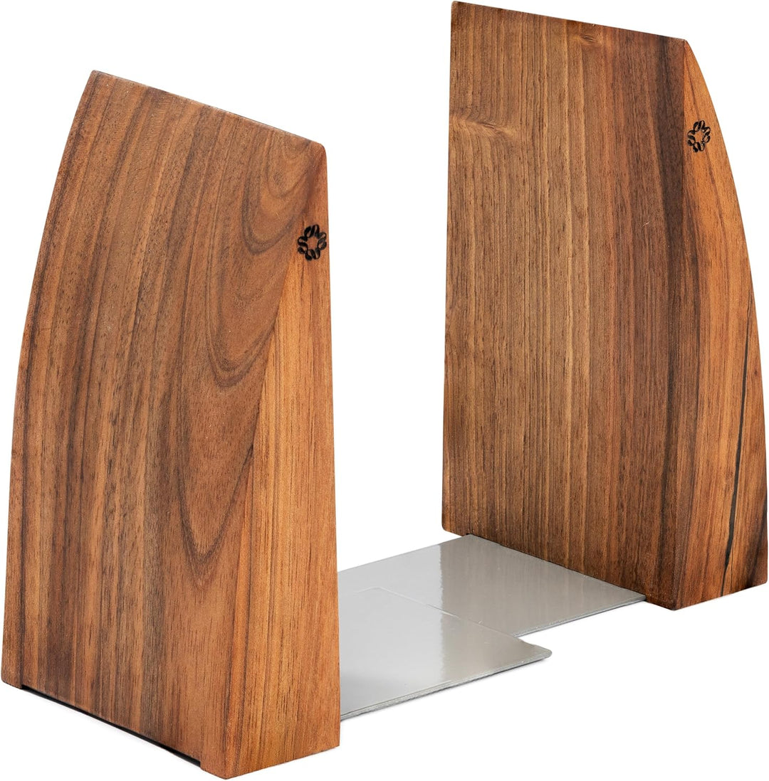 TILISMA Buchstützen für Regale – Handgefertigte Buchstützen aus Holz mit Metallsockel, Walnussbaum –