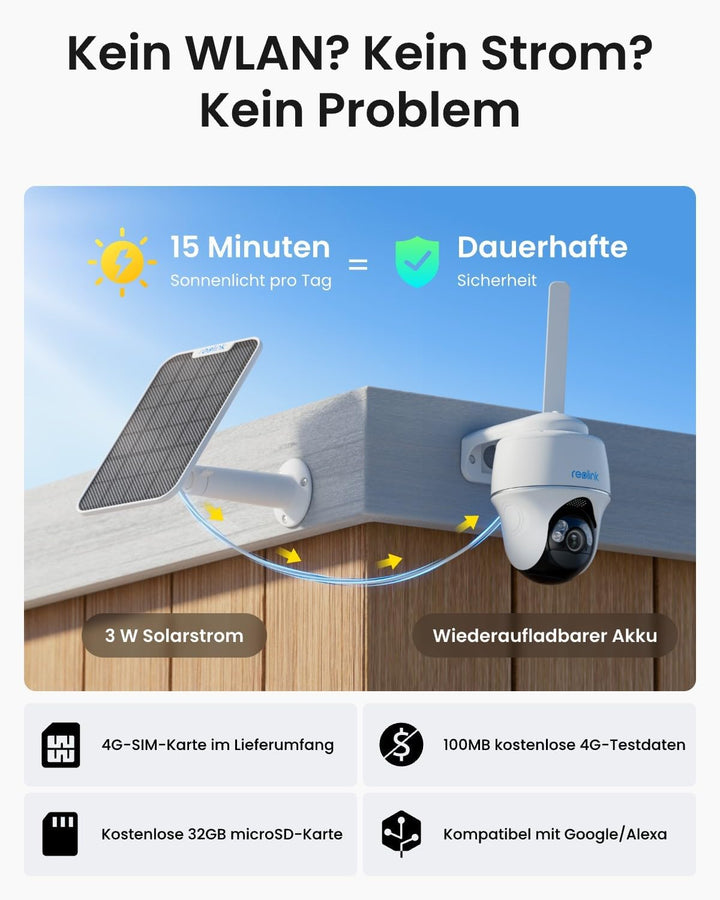 Reolink 3G/4G LTE Überwachungskamera mit SIM-Kartenslot+32GB microSD Karte, 2K 4MP QHD, 355°/140° PT