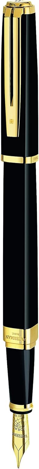 Waterman Exception Fountain Pen, Slim Black with 23k Gold Clip, Fine Nib with Blue Ink Cartridge, Gi