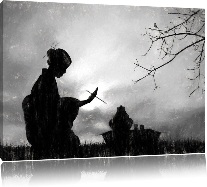 Geisha Kohle Effekt, Format: 100x70 auf Leinwand, XXL riesige Bilder fertig gerahmt mit Keilrahmen,