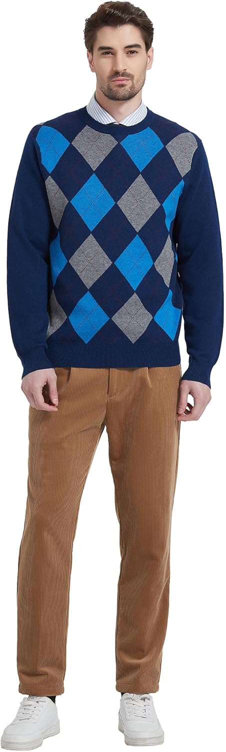 Kallspin Herren Wollmischung Strickpullover Argyle Rundhalsausschnitt Pullover Sweater, S Marineblau
