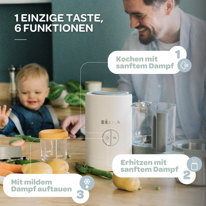 BÉABA - Babycook Neo - 4 in 1 Babynahrungszubereiter - Schonender Dampfgarer - Glaskrug und Garkorb