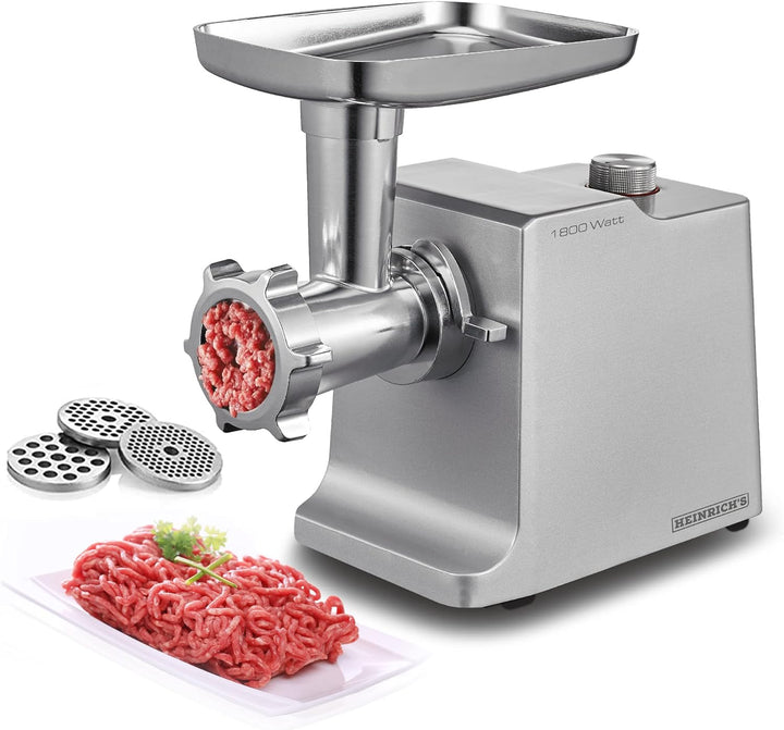 HEINRICHS Elektrischer Fleischwolf & Wurstmaschine inkl.3 verschiedene Hacksiebe+Kebbeaufsatz+ Wurst