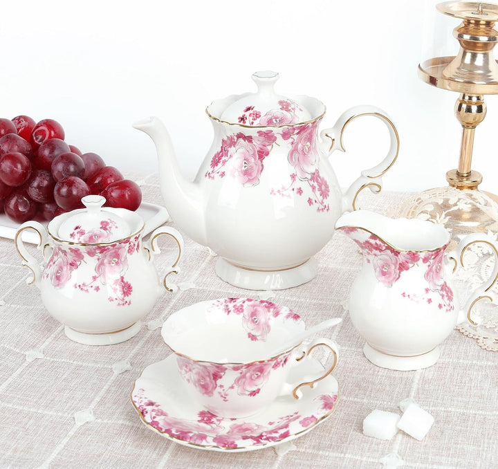 fanquare 21 Stück Rotes Lotus Porzellan Teeservice, Elegantes Blumen Kaffee Tasse und Untertasse Set