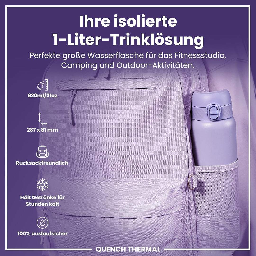 Ion8 Vakuumisolierte Edelstahl-Trinkflasche, 1 Liter, 920 ml, Auslaufsicher, Einhandöffnung, Sichere
