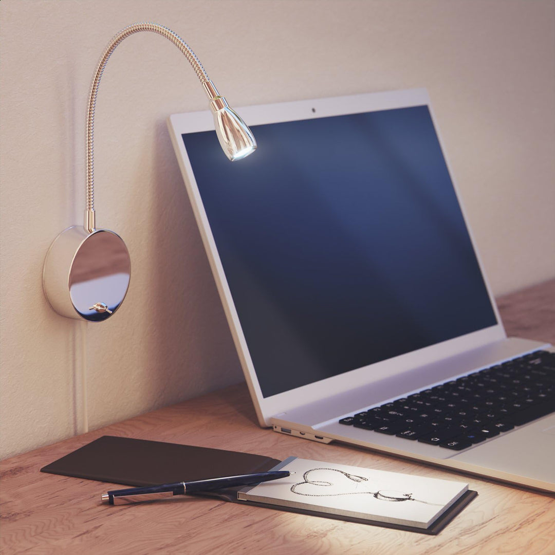 ledscom.de LED Leselampe/Wandleuchte HAN, Schwanenhals, Schalter, Stecker, chrom glänzend, weiss