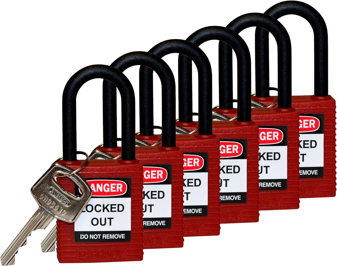 Sicherheitsvorhängeschloss Mit Nylonschäkel, 38mm x 86,50mm x 19,50mm, Rot, 6er-Pack 38mm x 86.50mm