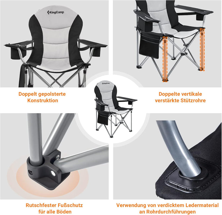 KingCamp Campingstuhl mit Verstellbarer Rückenlehne und Kühltasche bis 160 kg belastbar 2 Pack Schwa