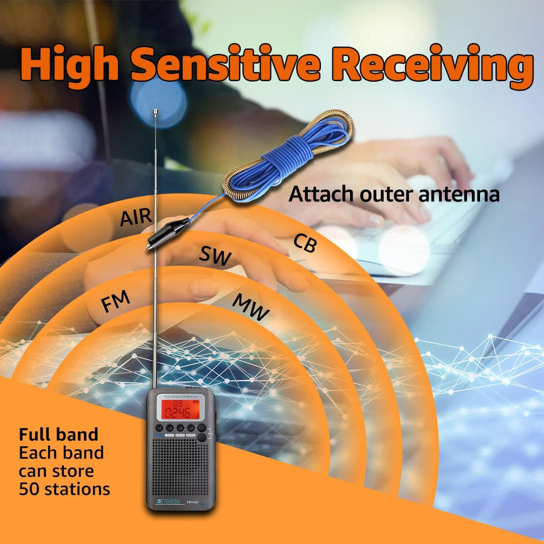Retekess TR105 Airband Radio,Tragbares Flugzeug-Bandradio,FM AM SW CB AIR VHF Digitales Tuning-Radio