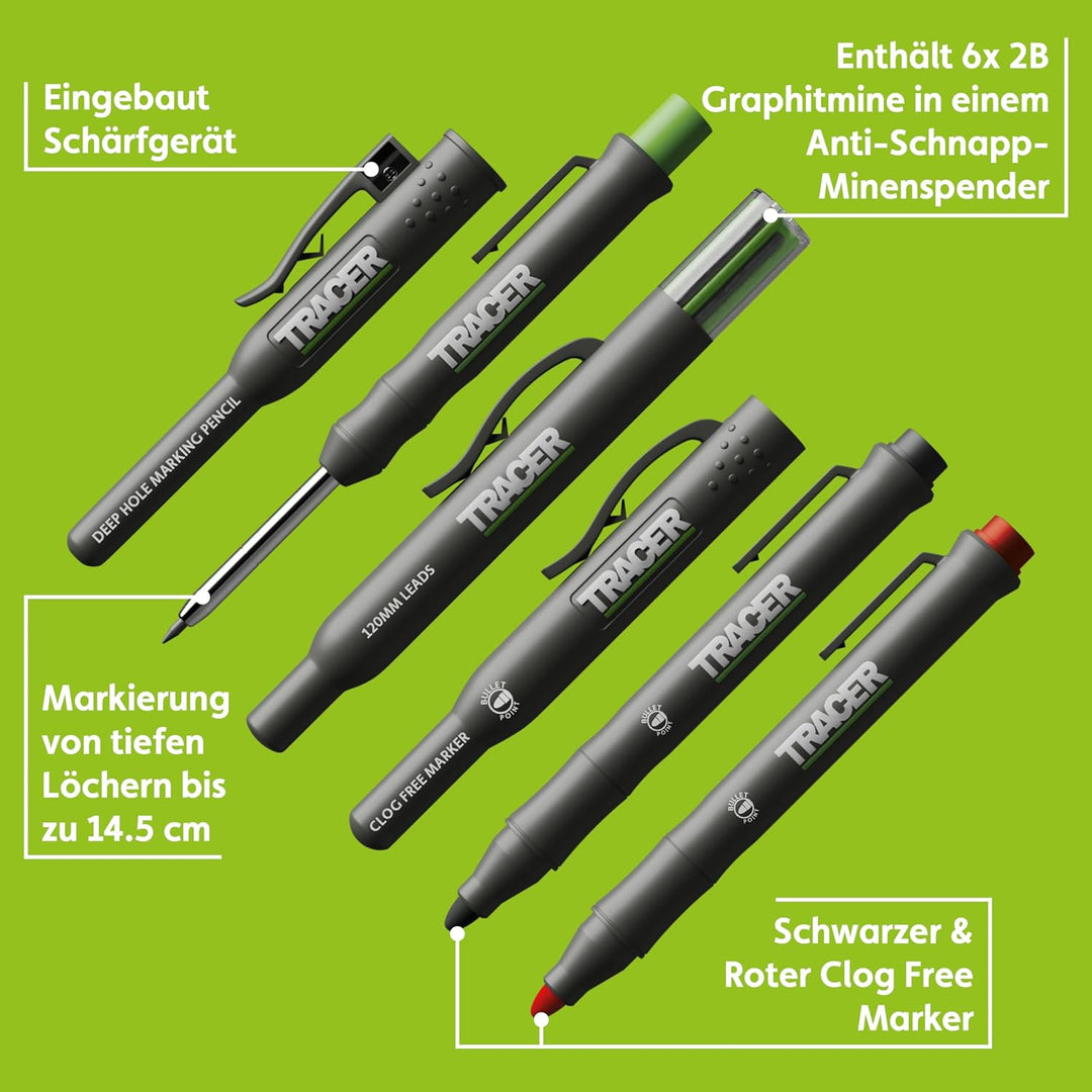 Tracer Markierungsset – Tiefloch-Schreinerbleistift, Ersatzminen x 6 und 2 verstopfungsfreie Marker