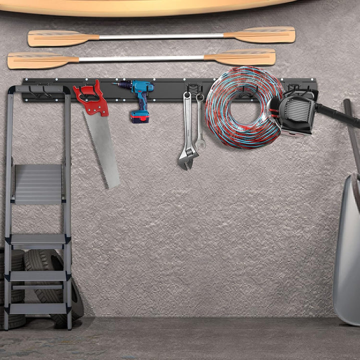 Housolution Verstellbar Garagen Gerätehalter 121cm, Metall Wandhaken mit 3 Schienen 6 Haken Werkzeug