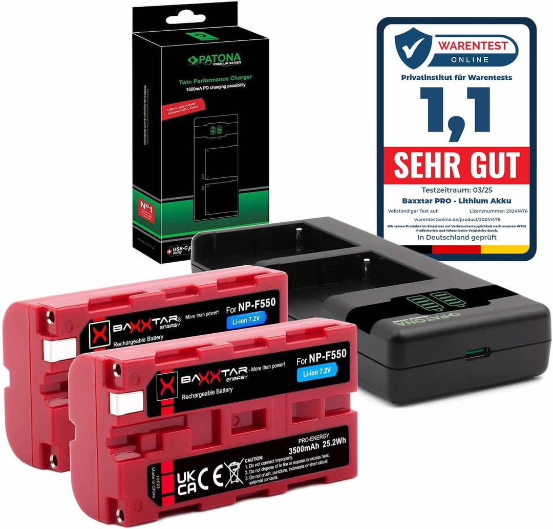 Baxxtar Pro 2X Akku NP-F550 NP-F570 (3100mAh) mit PD Performance USB Ladegerät 161951 (max. 1500 mA)