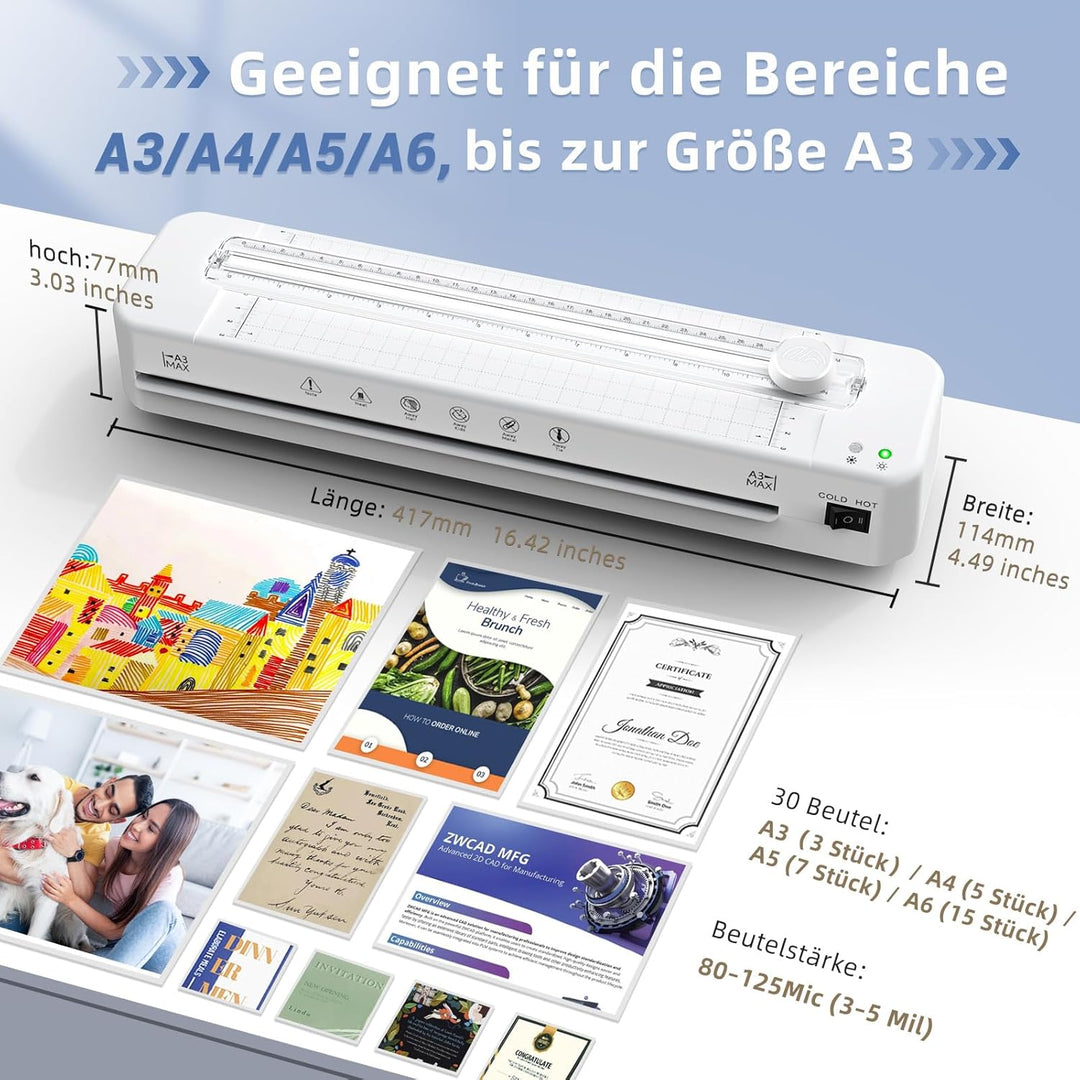 Crenova A3 Laminiergerät, Laminiergerät mit 30 Laminierfolien für A3/A4/A5/A6, Laminiermaschine mit
