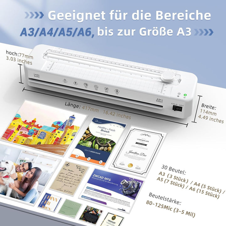 Crenova A3 Laminiergerät, Laminiergerät mit 30 Laminierfolien für A3/A4/A5/A6, Laminiermaschine mit