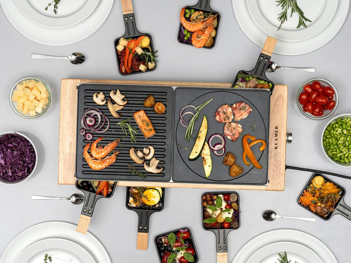 KLAMER Raclette 8 Personen, 1500W Raclette Grill mit Holzgestell, Raclette mit antihaftbeschichteter
