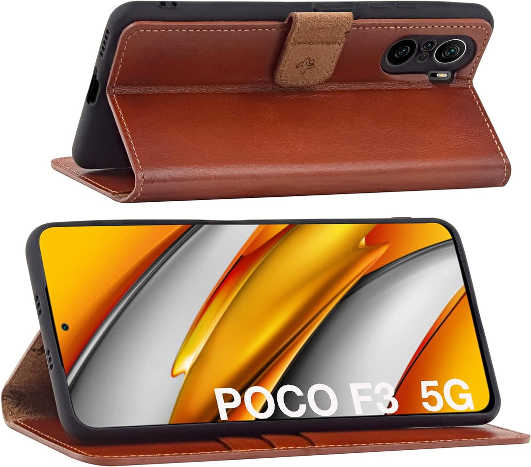 Suncase Book-Style Hülle kompatibel mit Xiaomi Poco F3 Leder Tasche (Slim-Fit) Lederhülle Handytasch