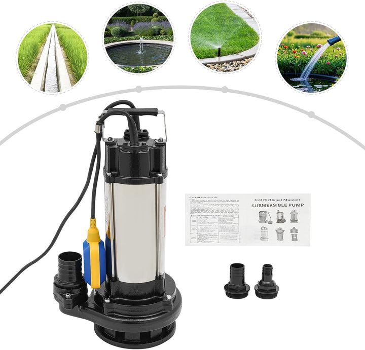 1500W 36000 L/H Edelstahl Schmutzwasserpumpe Schumutzwasser Fäkalienpumpe Schwimmerschalter, Wassere
