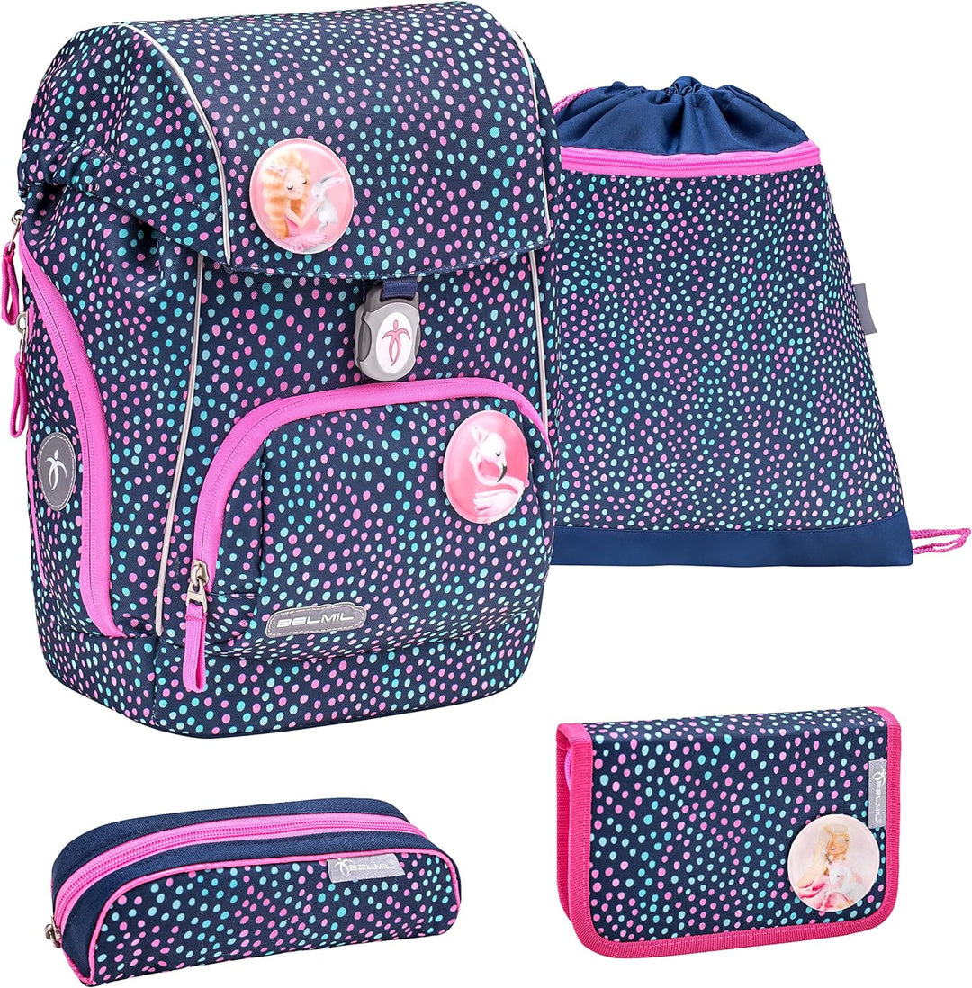 Belmil ergonomischer Schulrucksack Schulranzen Set 5-teilig für Mädchen mit PATCH Set, Brustgurt, Hü