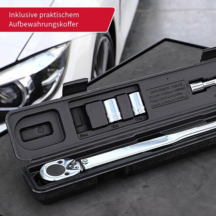 UNITEC Drehmomentschlüssel, Einstellbar von 40 bis 210 Nm, Antrieb 1/2" Vierkant, mit Stecknüssen 17