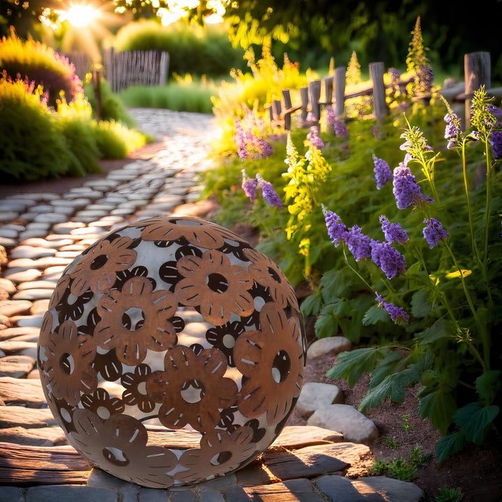 ecosoul Gartendeko Blumenkugel Kugel aus Blumen Metall Rost Dekoration Gartenkugel 40cm Durchmesser