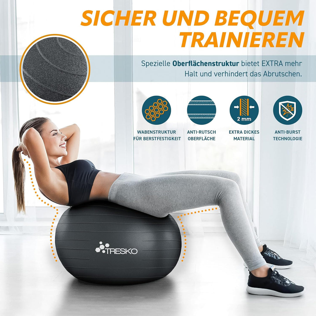 TRESKO® Gymnastikball BPA-Frei inkl. Luftpumpe | Ball für Fitness, Yoga, Gymnastik, Schwangerschaft,