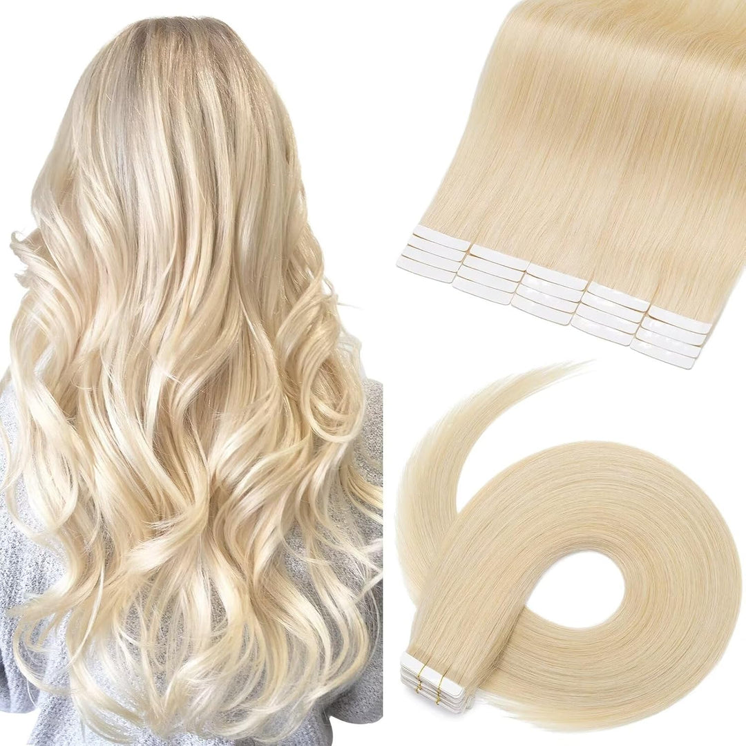 TESS Tape Extensions Echthaar #60 Weissblond 50 cm Klebeband Haarverlängerung 20er Pack Glatt Remy T