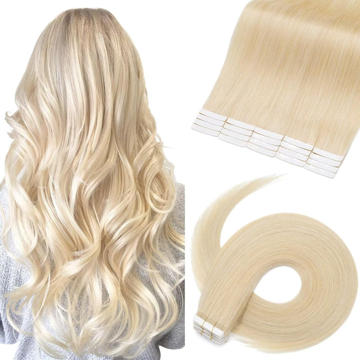 TESS Tape Extensions Echthaar #60 Weissblond 50 cm Klebeband Haarverlängerung 20er Pack Glatt Remy T