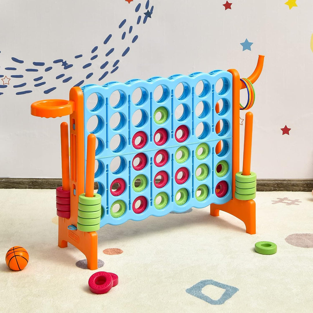 COSTWAY Riesiges 4 Gewinnt Spielset mit Basketballkorb und Wurfspiel, inkl. 42 Jumbo Ringen und Schi