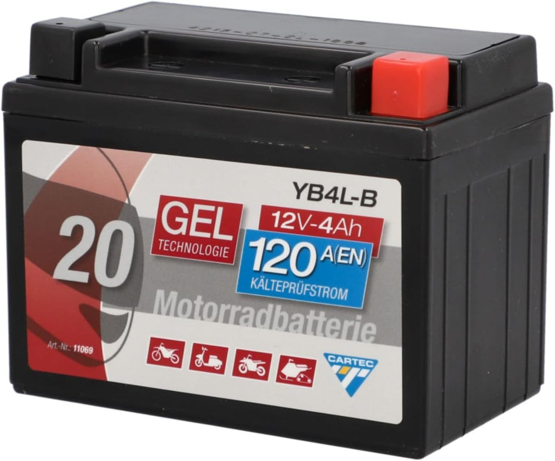 CARTEC Motorradbatterie YB4L-B, 4Ah 56A, Gel Technologie Motorrad-Starter-Batterie, Erstausrüsterqua