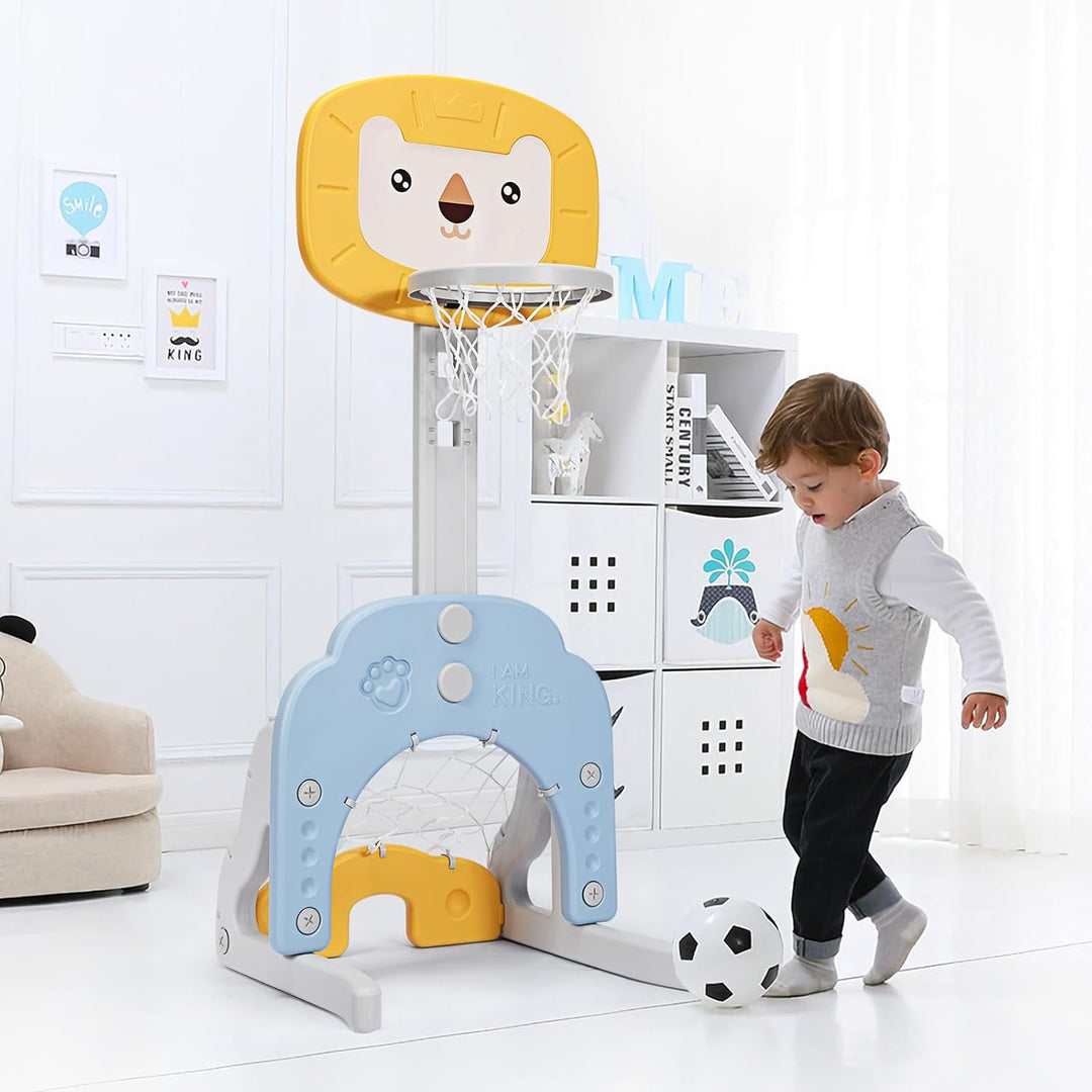 HOMASIS 3 in 1 Kinder Basketballkorb Set, multifunktionaler Basketballständer mit Fussballtor & Golf