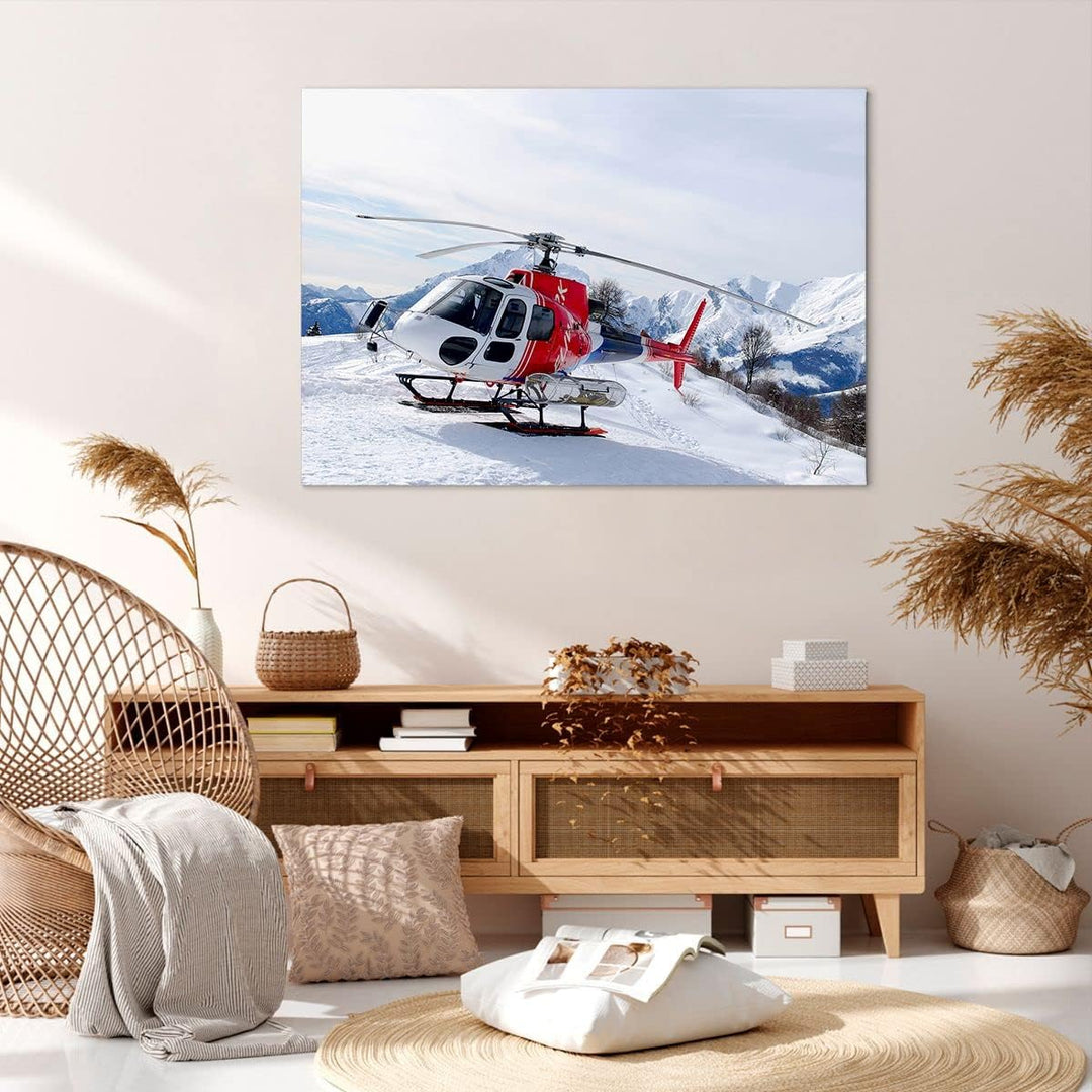 Bilder auf Leinwand 100x70cm Leinwandbild Hubschrauber Berge Gipfel Winter Gross Wanddeko Bild Schla