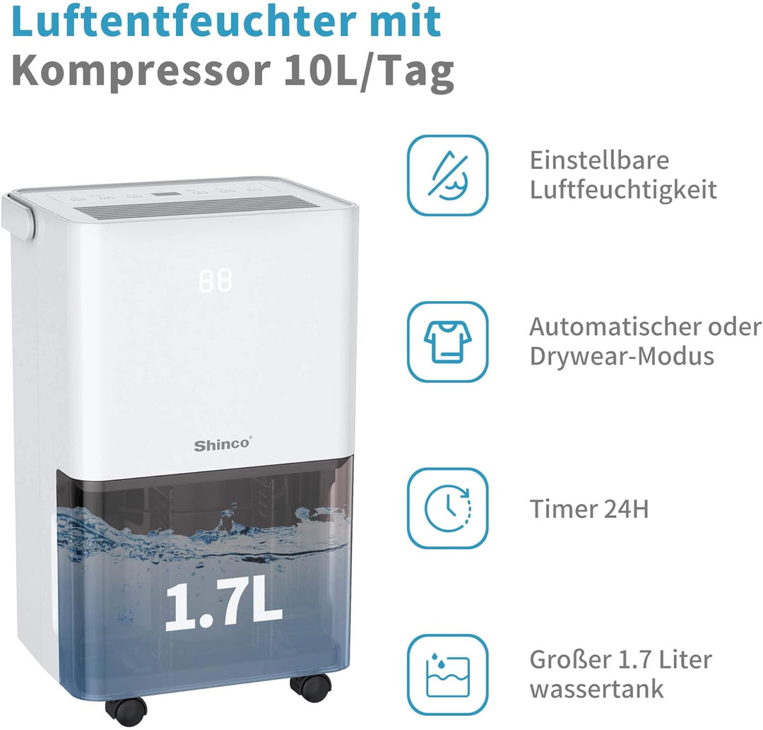 SHINCO 10L Luftentfeuchter, Elektrisch,Raumentfeuchter mit Feuchtigkeitssensor,für 45m³(15m²),Energi