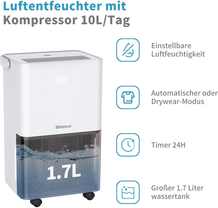 SHINCO 10L Luftentfeuchter, Elektrisch,Raumentfeuchter mit Feuchtigkeitssensor,für 45m³(15m²),Energi