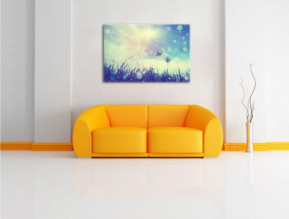 Pixxprint zarter Schmetterling fliegt zu Pusteblume Kunst Buntstift Effekt, Format: 100x70 auf Leinw