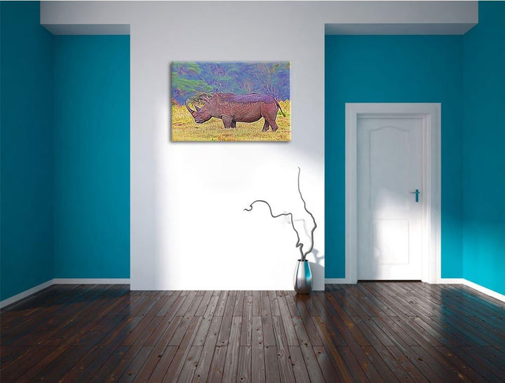 grosses Nashorn in der Savanne Spezial Format: 100x70 cm auf Leinwand, XXL riesige Bilder fertig ger