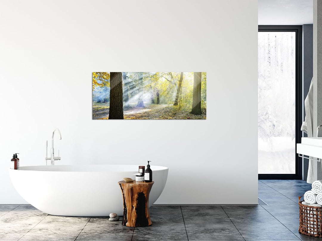 Glasbild Panorama | Wandbild aus Echtglas | Sonnenstrahlen im Wald | 100x40 cm | inkl. Aufhängung un