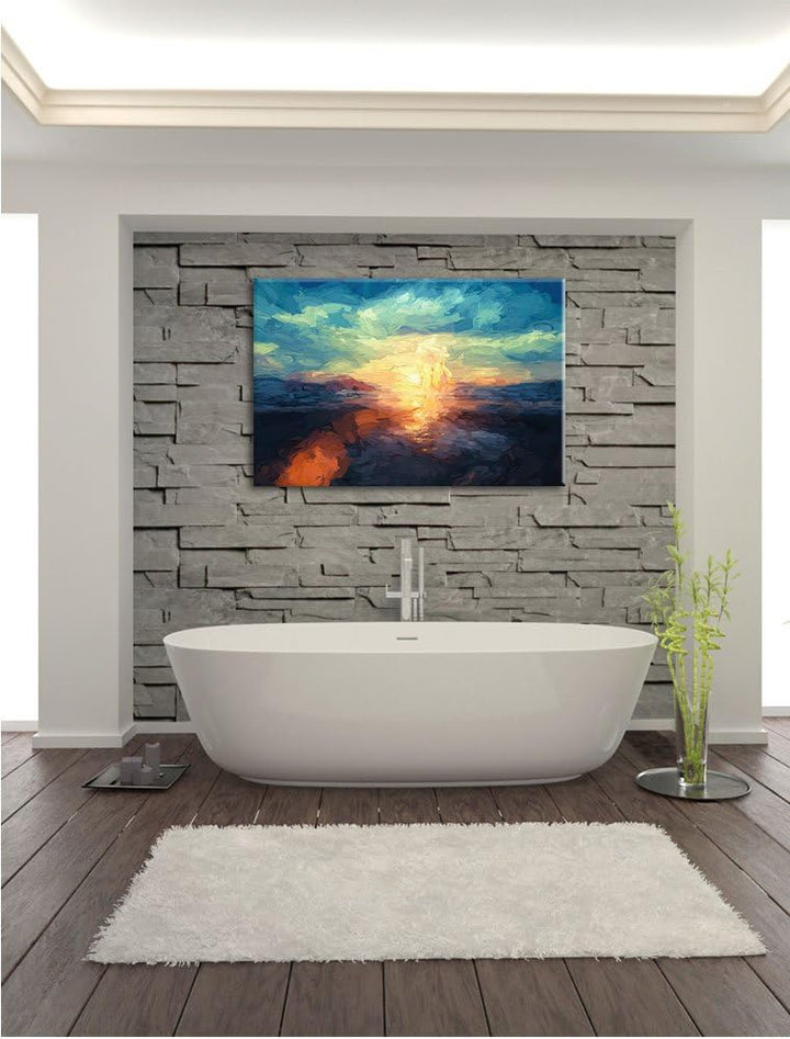 Pixxprint Yoga Silhouette bei Sonnenuntergang am Strand Kunst Pinsel Effekt, Format: 100x70 auf Lein