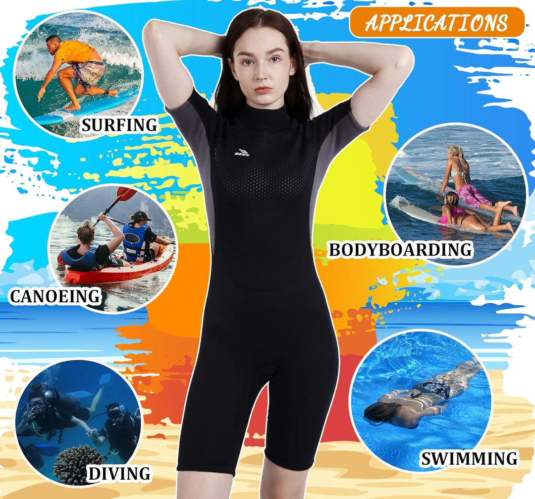 Neoprenanzug Damen und Herren Kurz 3mm für Herren Rückenreissverschluss zum Tauchen, Schnorcheln, Su