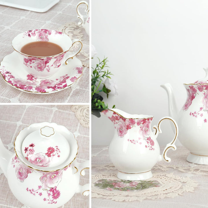 fanquare 21 Stück Rotes Lotus Porzellan Teeservice, Elegantes Blumen Kaffee Tasse und Untertasse Set