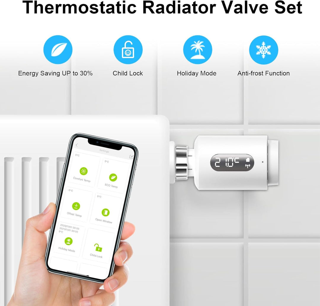 Smart Heizkörperthermostat mit APP ANTELA Digitales Display zur Kontrolle der Heiztemperatur, Kompat