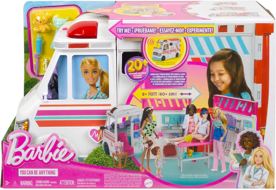 Barbie 2-in-1-Krankenwagen Spielset, Rettungswagen mit Lichtern und Geräuschen, umwandelbar in Pfleg