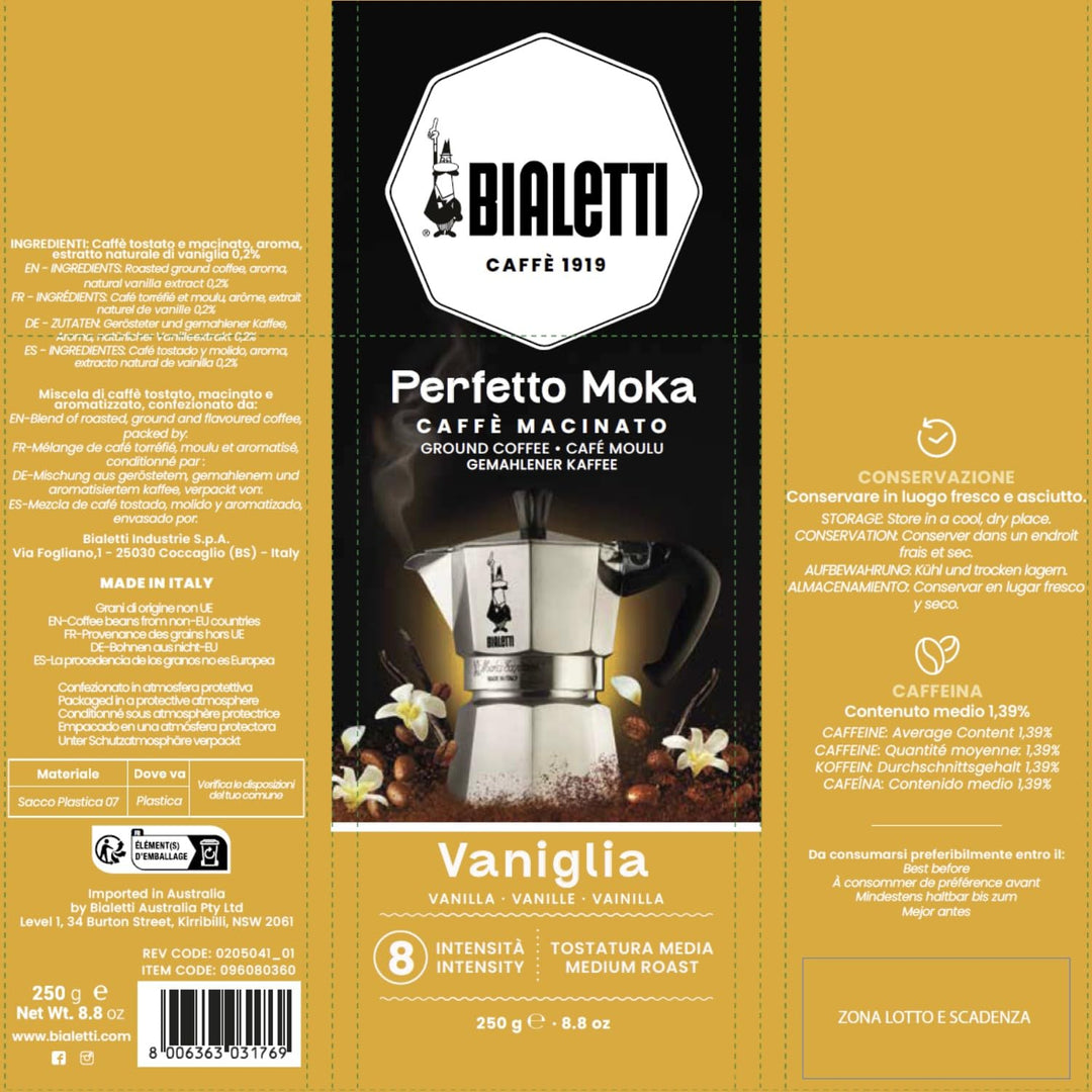 Bialetti - Perfetto Moka Vaniglia: Gemahlener Kaffee mit mittlerer Röstung, Vanille-Aroma, 250g x 6,