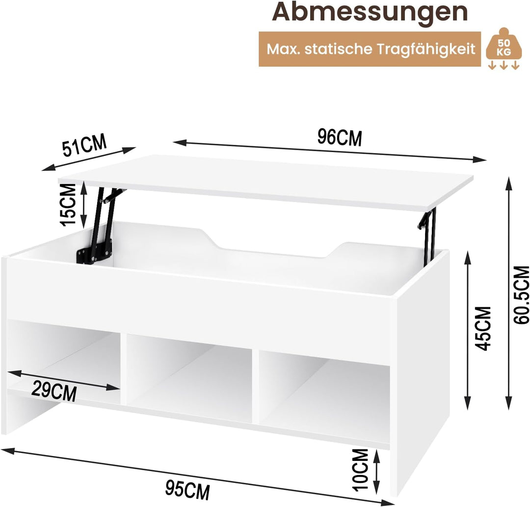 WOLTU Couchtisch mit Hebeplatte, Beistelltisch höhenverstellbar, Kaffeetisch Wohnzimmertisch Sofatis