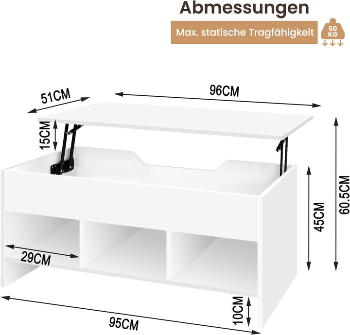 WOLTU Couchtisch mit Hebeplatte, Beistelltisch höhenverstellbar, Kaffeetisch Wohnzimmertisch Sofatis