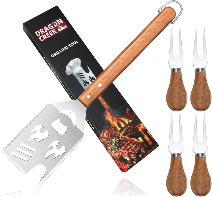 7-in-1 Grillspachtel für Grill mit 4 Stück Gabel, 42cm Grillwender Grillbesteck, Multifunktionales G